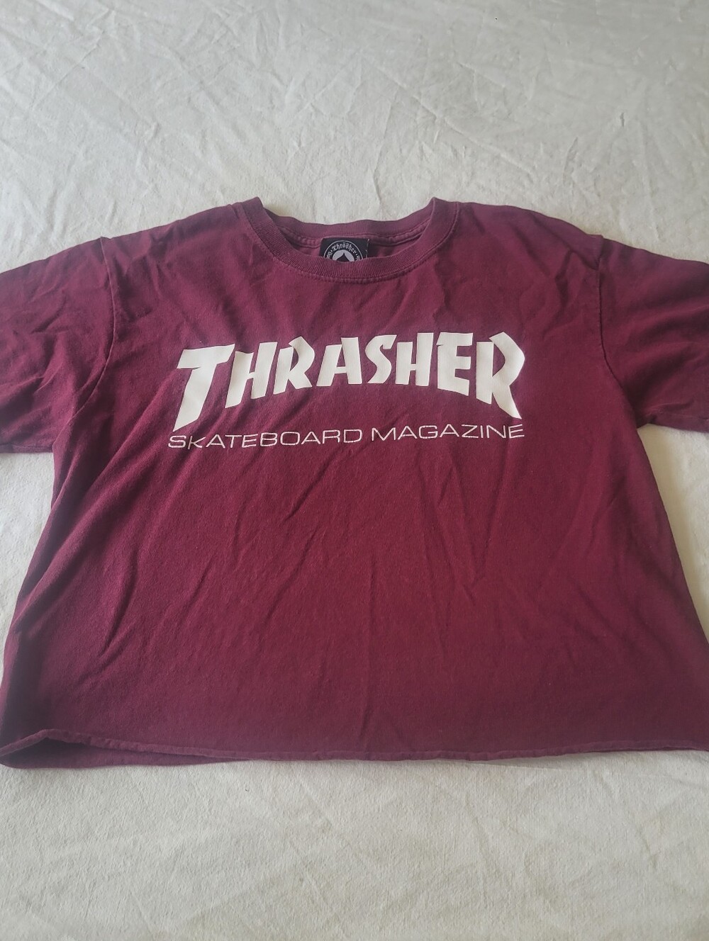 Vintage Y2K Thrasher Magazine Cropped Graphic T-Shirt Maroon Size Small 1990s